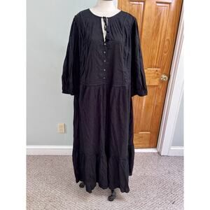 Old Navy Dress Black MIDI Tiered Tassel Buttonfront SZ 4X Peasant Cottage Core